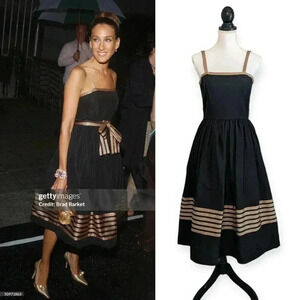 Vtg 70s Oggee By Rizkallah Black Faille Gold Tea Dress ASO Sarah Jessica Parker